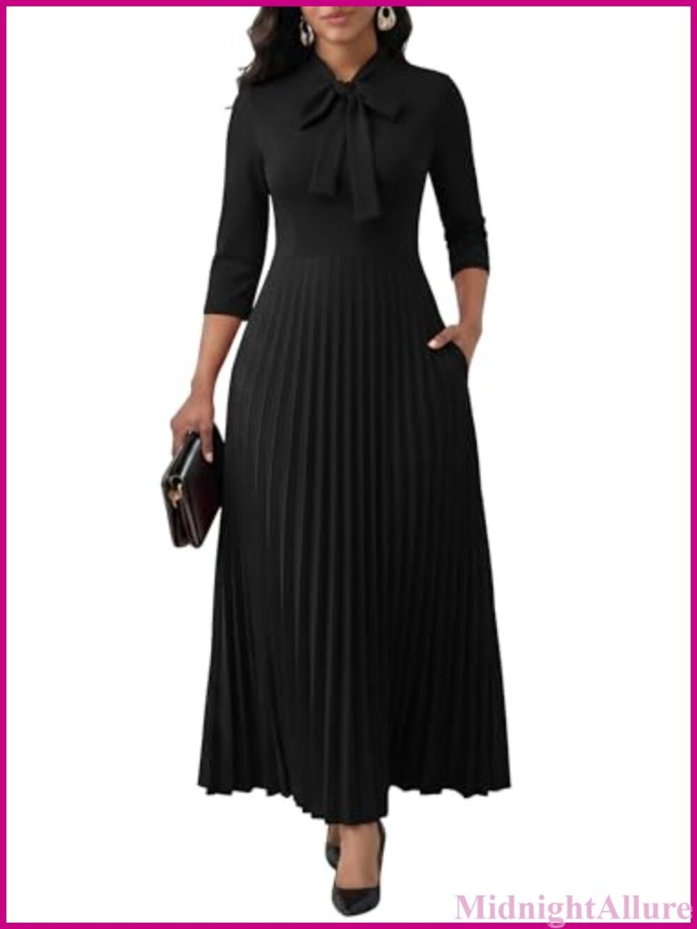 Maxi Dress 3/4 Sleeve Pleated Empire Tie Neck Semi Formal Work